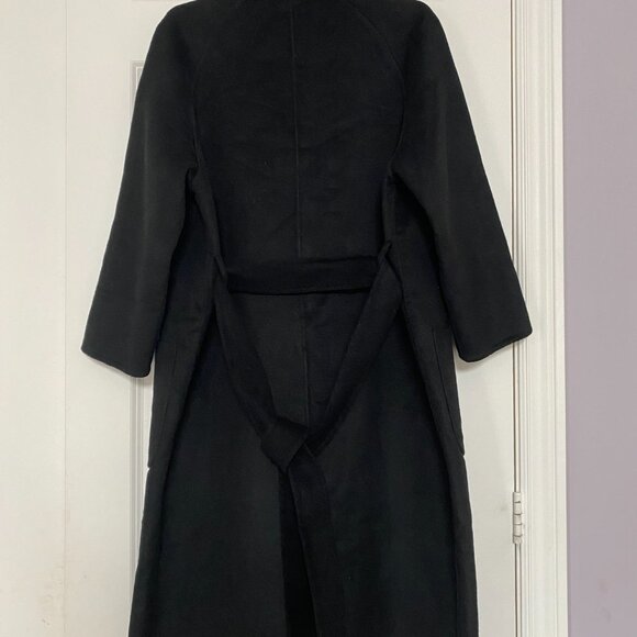 Women Black 100% Wool Double Breasted Button Belted Long Coat Trench Wool Coat - Picture 3 of 6